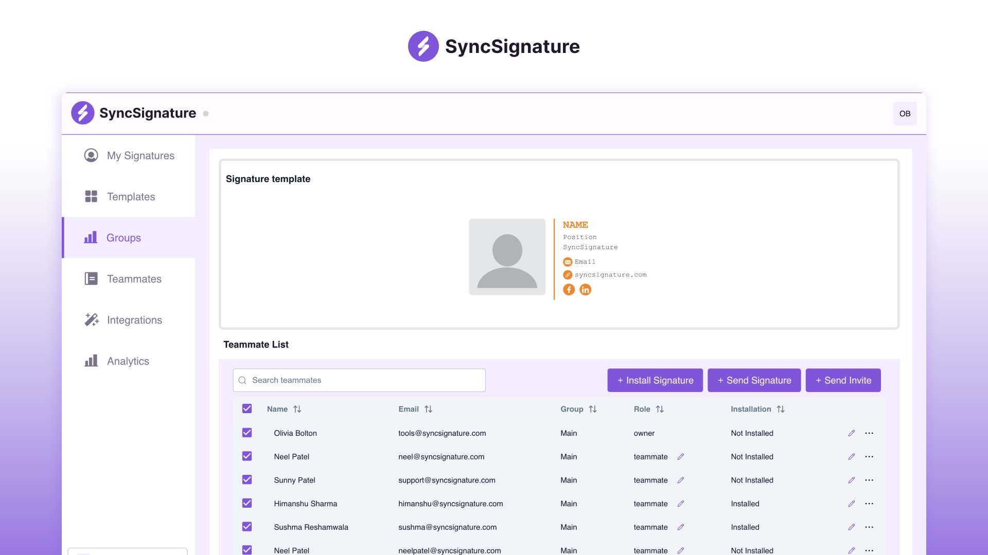 SyncSignature Quản lý chữ ký email nhóm tự động để đảm bảo tính nhất quán của thương hiệu