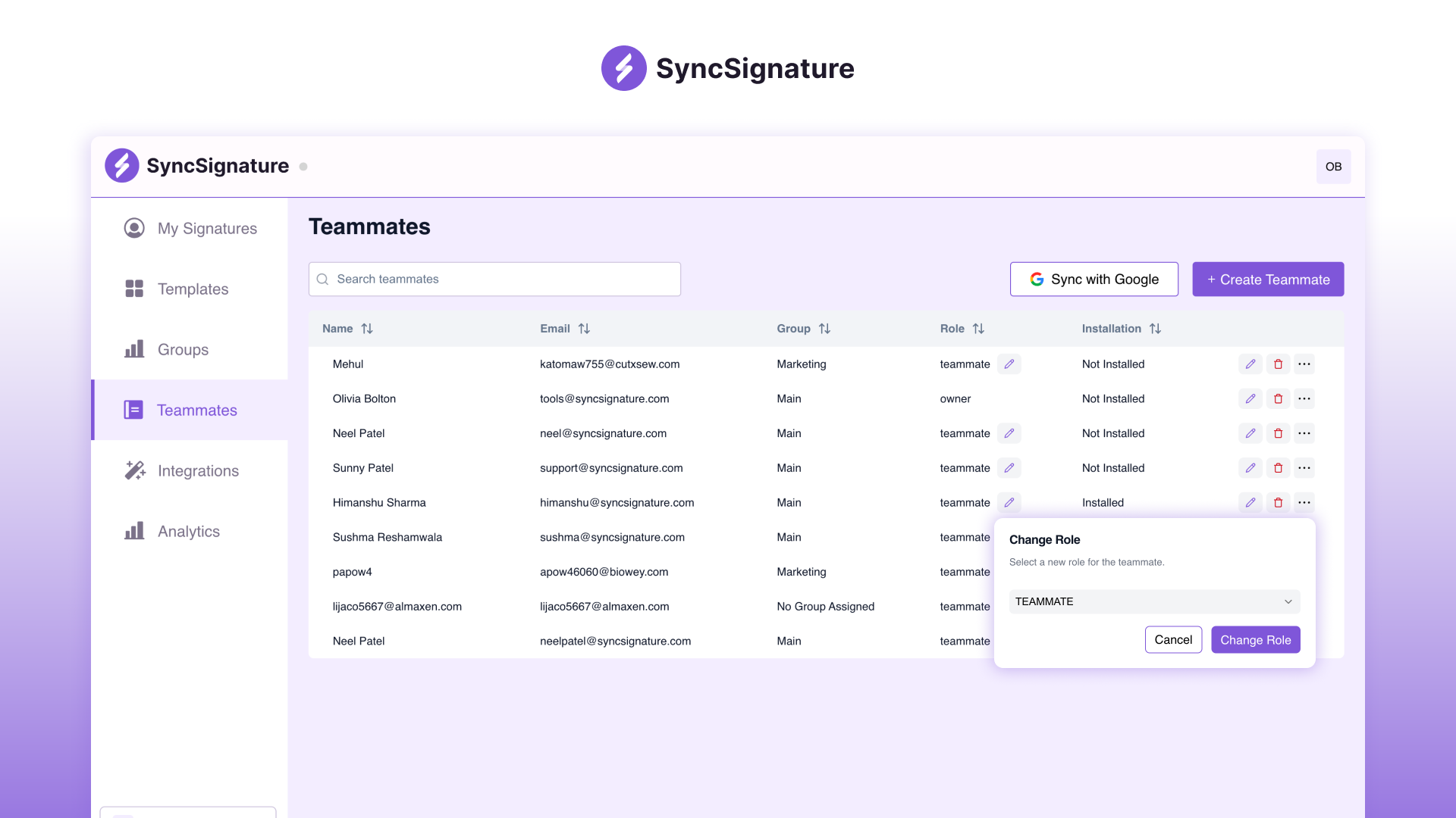 SyncSignature Quản lý chữ ký email nhóm tự động để đảm bảo tính nhất quán của thương hiệu