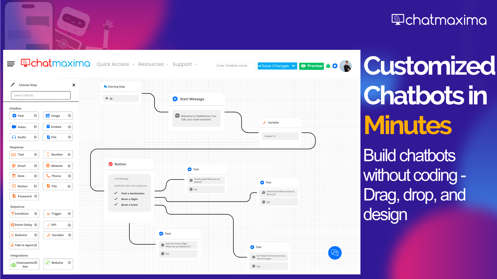 Trình tạo chatbot không cần mã để hỗ trợ khách hàng tự động và thu hút khách hàng tiềm năng